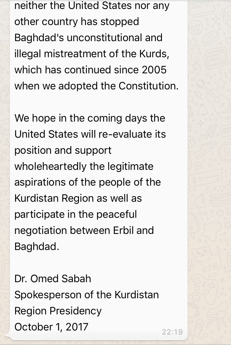 Parts of the Kurdistan KRG response to @StateDept Tillerson comments on #YesKurdistan referendum   