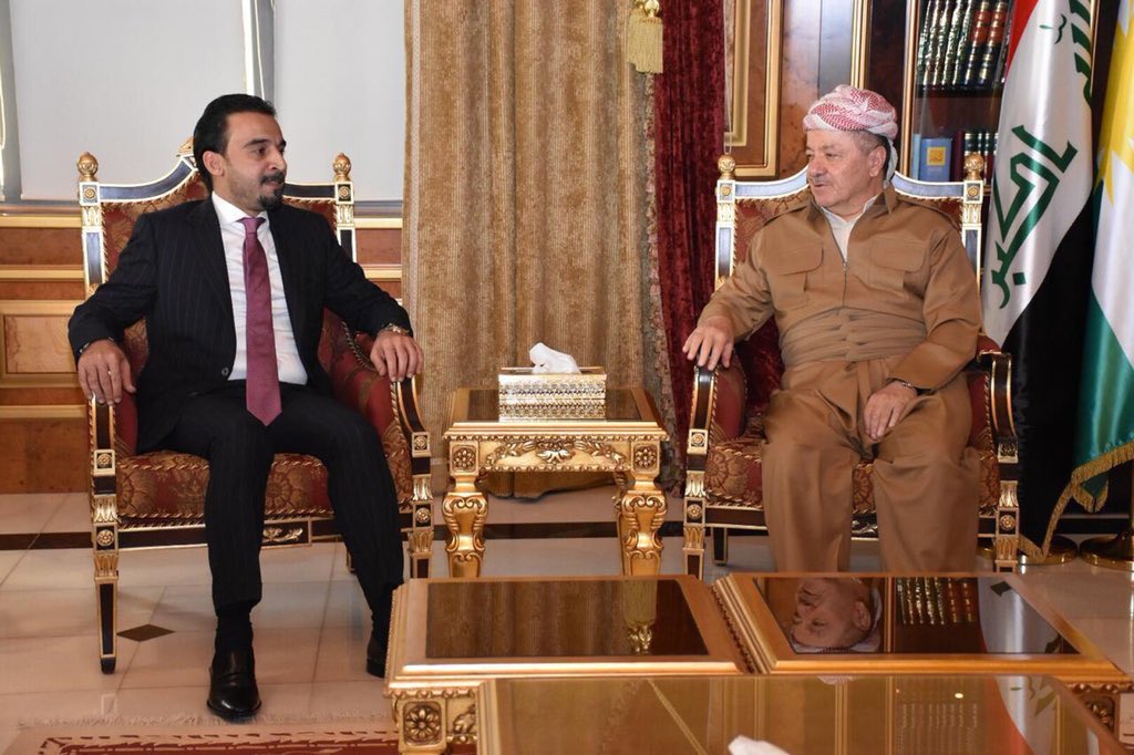 The newly-elected speaker of Iraqi Parliament, Mohammed al-Halbusi arrived in Erbil on Saturday. He met with KDP Leader  @masoud_barzani. According to non official sources Barzani has asked Halbousi to postpone the parliament session to elect the President of Iraq.   