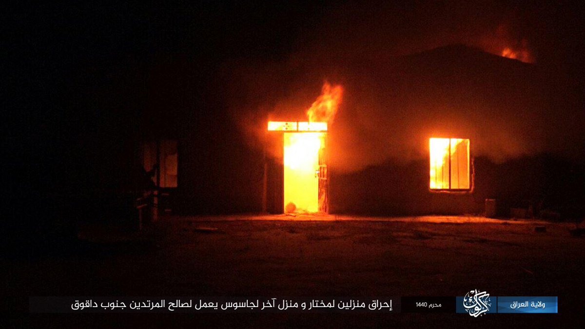 As part of its (old/new) tactics after the caliphate, ISIS burns the homes of a mukhtar (town elder) and another person south of Kirkuk for working with or informing authorities