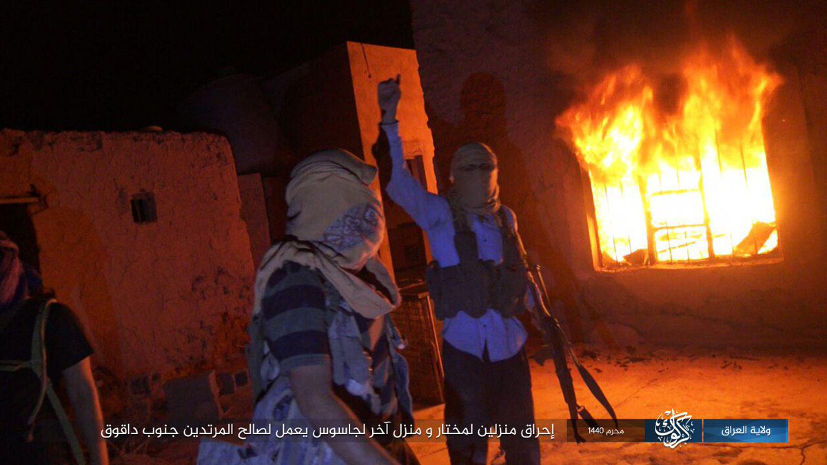 As part of its (old/new) tactics after the caliphate, ISIS burns the homes of a mukhtar (town elder) and another person south of Kirkuk for working with or informing authorities