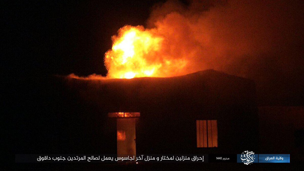 As part of its (old/new) tactics after the caliphate, ISIS burns the homes of a mukhtar (town elder) and another person south of Kirkuk for working with or informing authorities