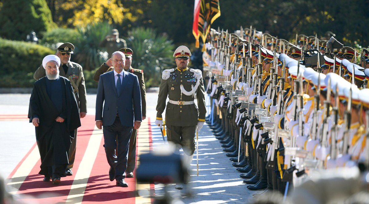 Iraqi president @BarhamSalih visits Iran and welcomed by iranian president @HassanRouhani in Tehran.   