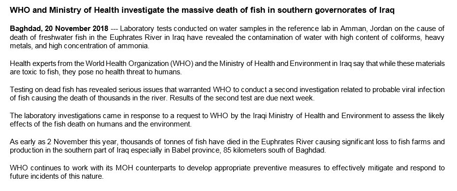 After thousands of carp die in Iraq, WHO and Ministry of Health say probe found heavy metals + ammonia in water. Results of probe into whether it was caused by virus will be out next week.   
