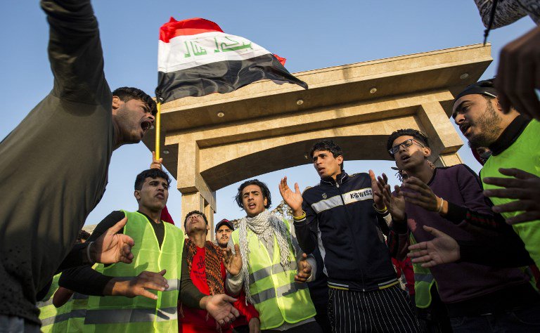 Iraqi protesters wearing yellow vests, imitating the French YellowVests movement, demonstrate against corruption and lack of services in the southern city of Basra on December 28, 2018.   