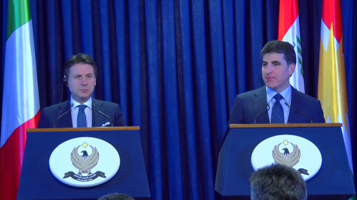 Italy's PM Conte with  KRG PM Barzani in Erbil. Conte's remarks: we hope for a fast cabinet formation. Peshmerga were extraordinary against Daesh, which is still a threat, bilateral ties are positive and we agreed to develop them way more.   