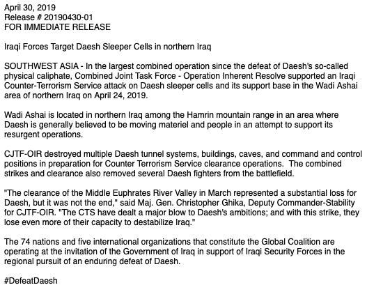 Iraq deals major blow to ISIS sleeper cells in Wadi Ashai area of the Hamrin Mountain range in the north with coalition help  @CJTFOIR says ops on Apr 24 destroyed tunnel systems, buildings, caves, and command and control positions and killed some ISIS fighters   