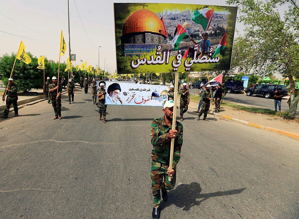 Iraqi pro-Iranian militias marching in the center of Baghdad on the eve of QudsDay.   