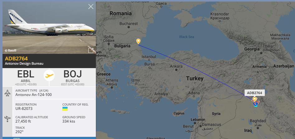 Probable military charter flight from Erbil, Iraq to Burgas, Bulgaria 0943z: ADB2764 UR82073 An124 Ruslan heavylift transport.   