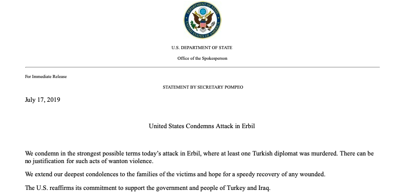 Statement from @StateDept on Erbil attack.   