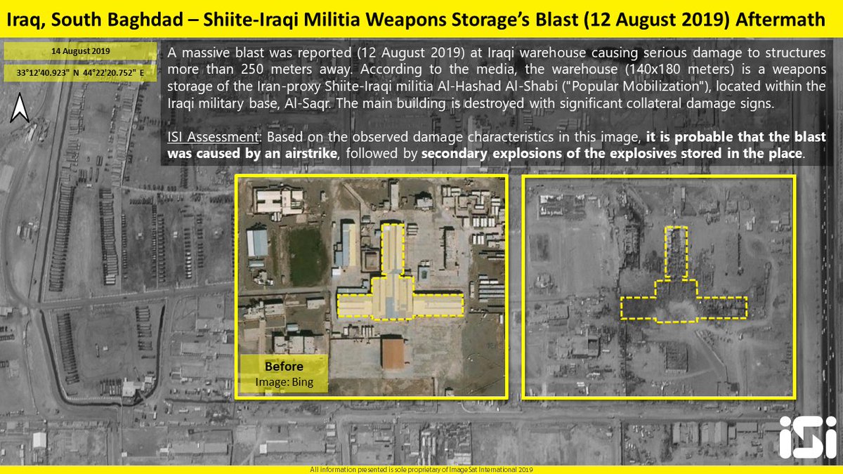 Iraq, South Baghdad – Iran-proxy Shiite-Iraqi militia weapons storage's blast (12 August 2019) preliminary damage assessment. Before and after