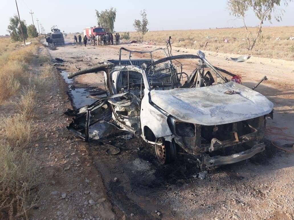 First purported pictures of destroyed vehicles near the Syrian-Iraqi border after unidentified drones struck the Iraqi Hezbollah convoy, killing a number of its fighters