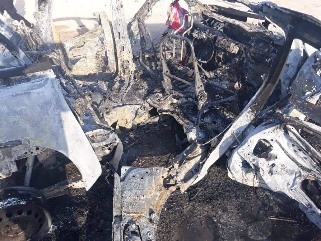 First purported pictures of destroyed vehicles near the Syrian-Iraqi border after unidentified drones struck the Iraqi Hezbollah convoy, killing a number of its fighters