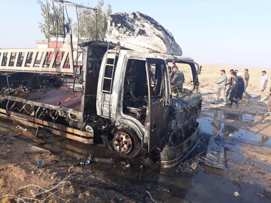 First purported pictures of destroyed vehicles near the Syrian-Iraqi border after unidentified drones struck the Iraqi Hezbollah convoy, killing a number of its fighters