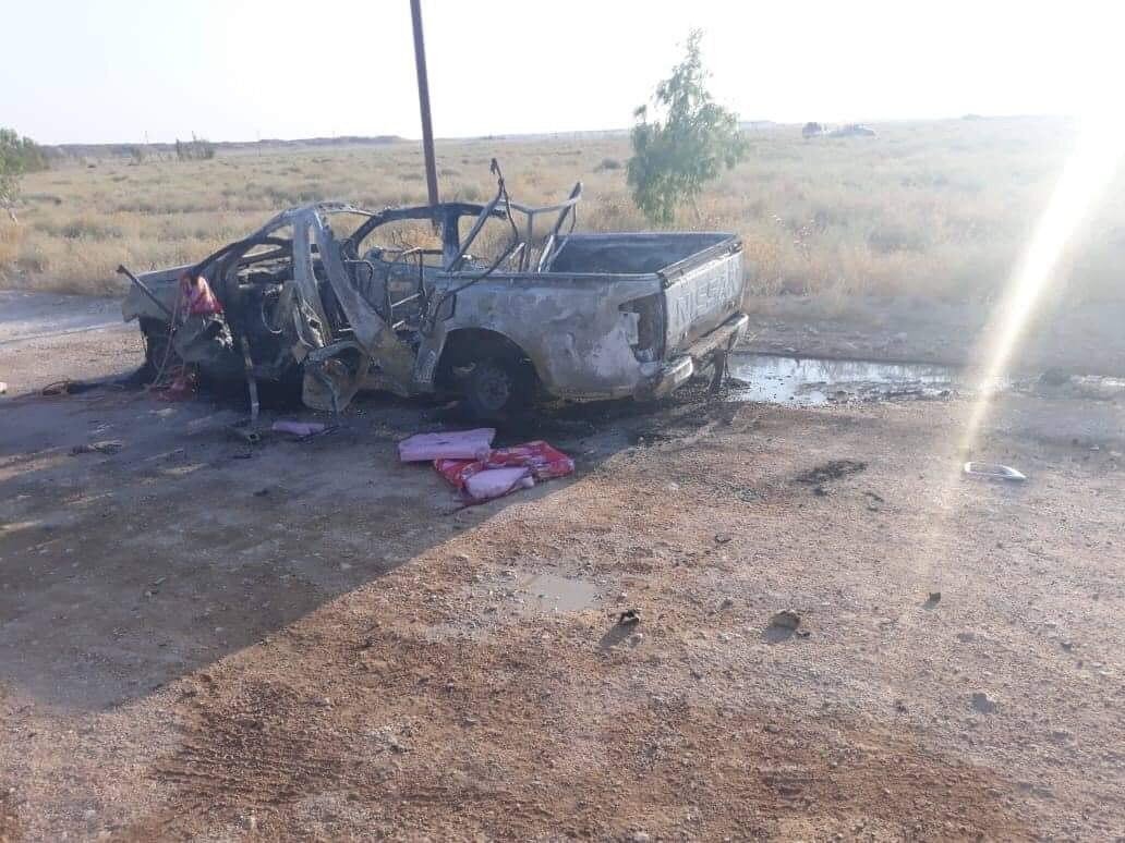 First purported pictures of destroyed vehicles near the Syrian-Iraqi border after unidentified drones struck the Iraqi Hezbollah convoy, killing a number of its fighters