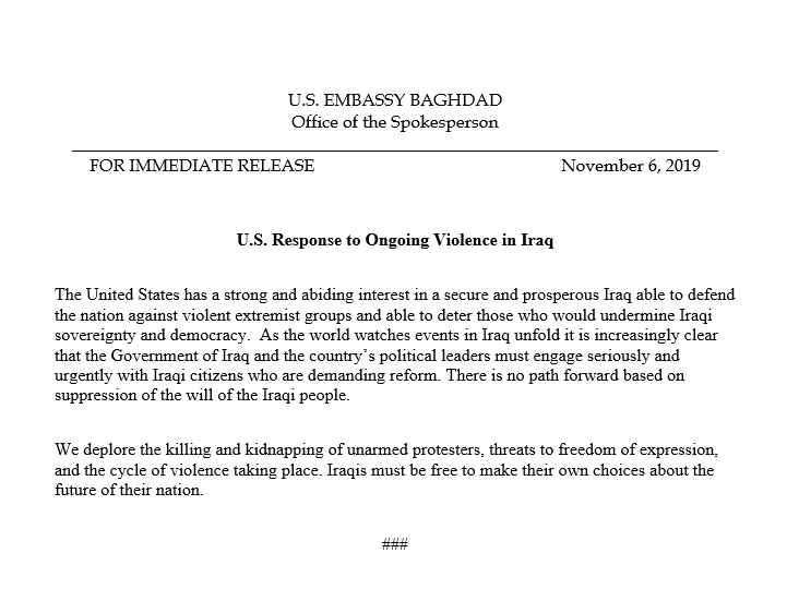 U.S. Embassy Baghdad statement on the Ongoing Violence in Iraq