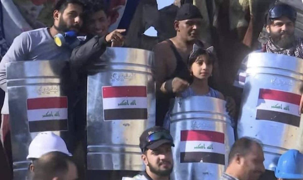 Protesters are creating shields to protect themselves from the tear gas canisters that have killed dozens of protesters since the start of IraqProtests in October 1. 