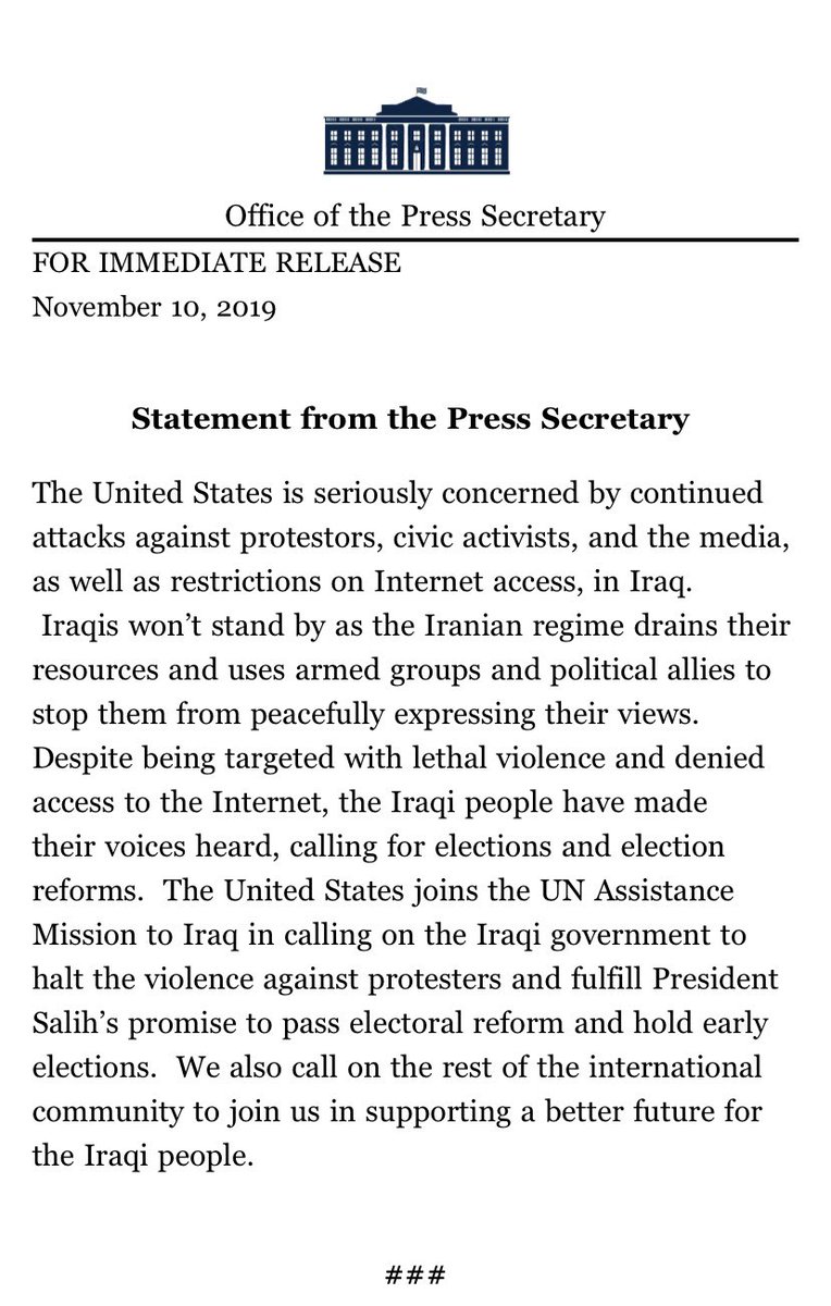Iraq Protests: Washington supports the calls for early elections & electoral reform in Iraq