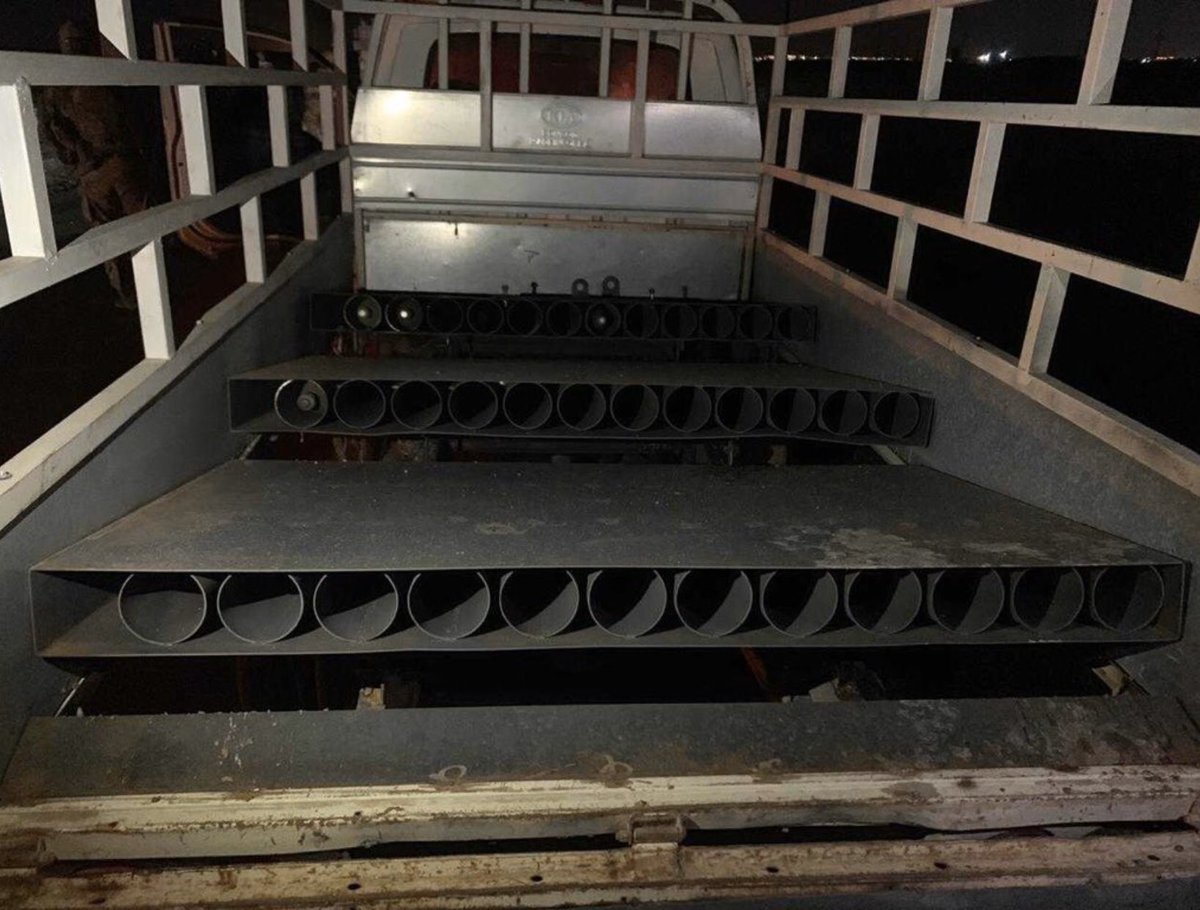 Images show indigenous MRLS truck with 3 racks of welded homemade Katyusha launchers that fired on the K-1 military base in Kirkuk, Iraq, yesterday killing an American & wounding 4 others. 