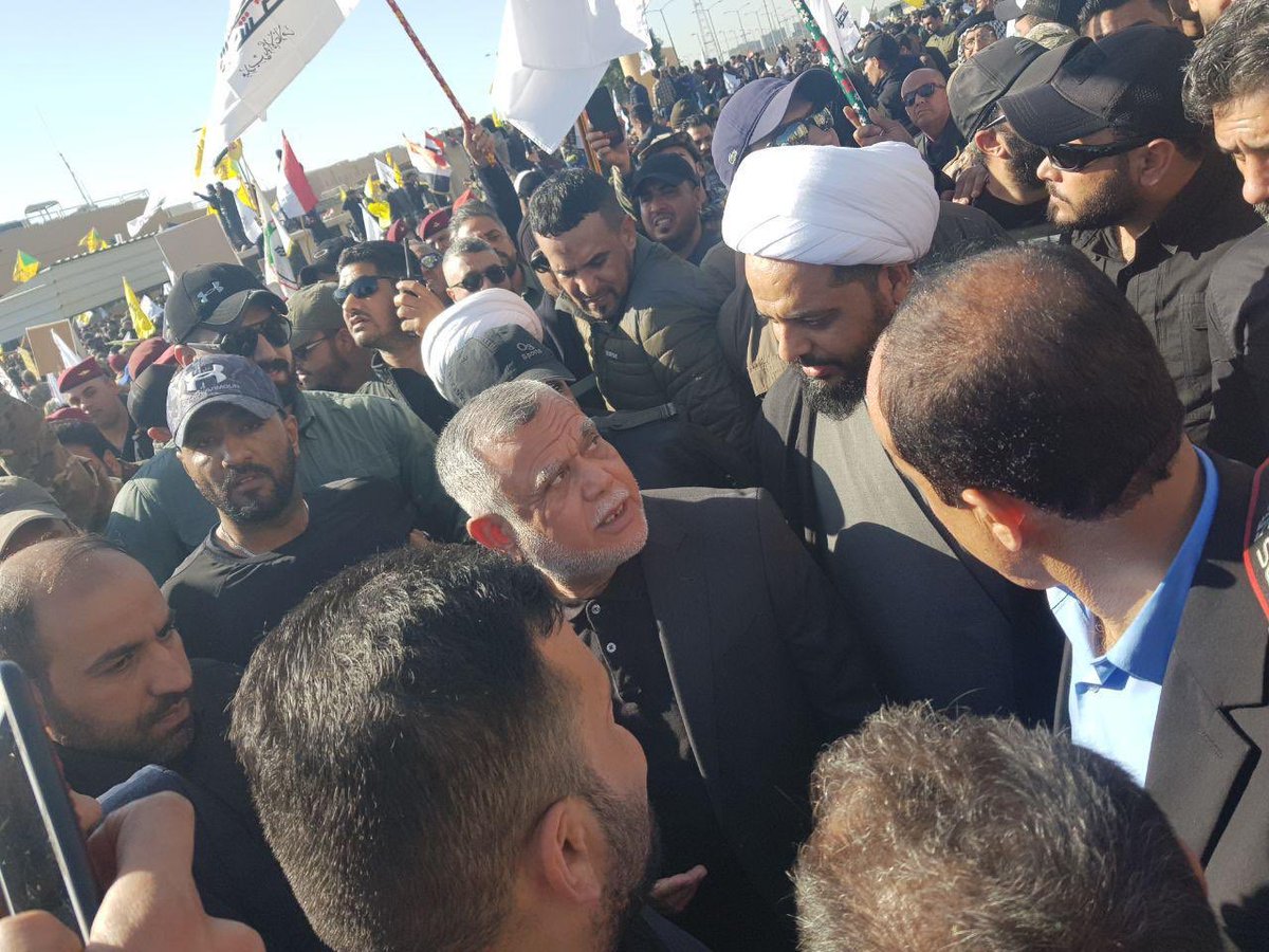 Qais Al Khazali, Hadi Al Amri and members of Kataib Hizbulla and other PMF and Militia units are marching in front of the U.S Embassy in Baghdad with a plan of a sit in to request the closure of the Embassy