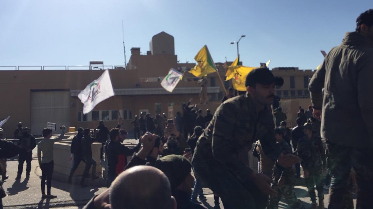 Qais Al Khazali, Hadi Al Amri and members of Kataib Hizbulla and other PMF and Militia units are marching in front of the U.S Embassy in Baghdad with a plan of a sit in to request the closure of the Embassy
