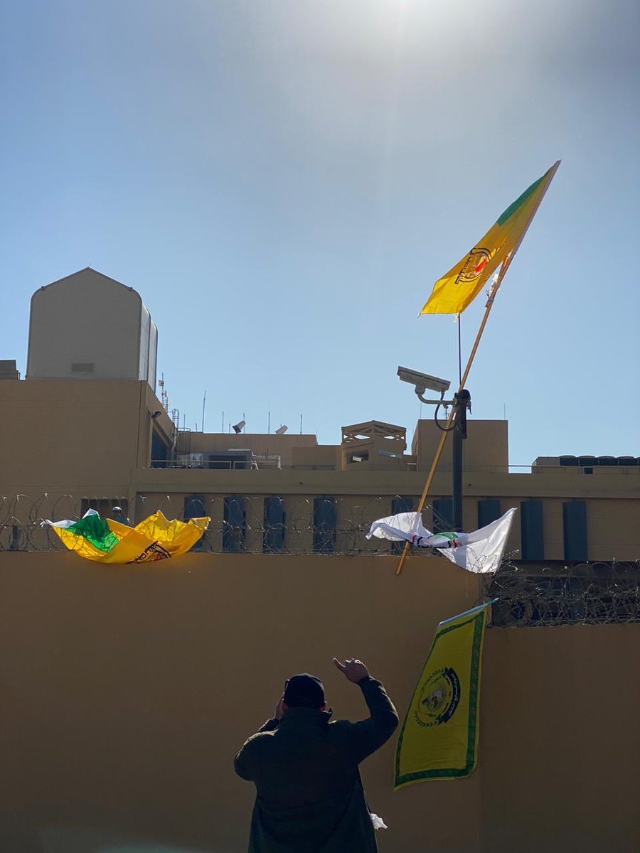Qais Al Khazali, Hadi Al Amri and members of Kataib Hizbulla and other PMF and Militia units are marching in front of the U.S Embassy in Baghdad with a plan of a sit in to request the closure of the Embassy