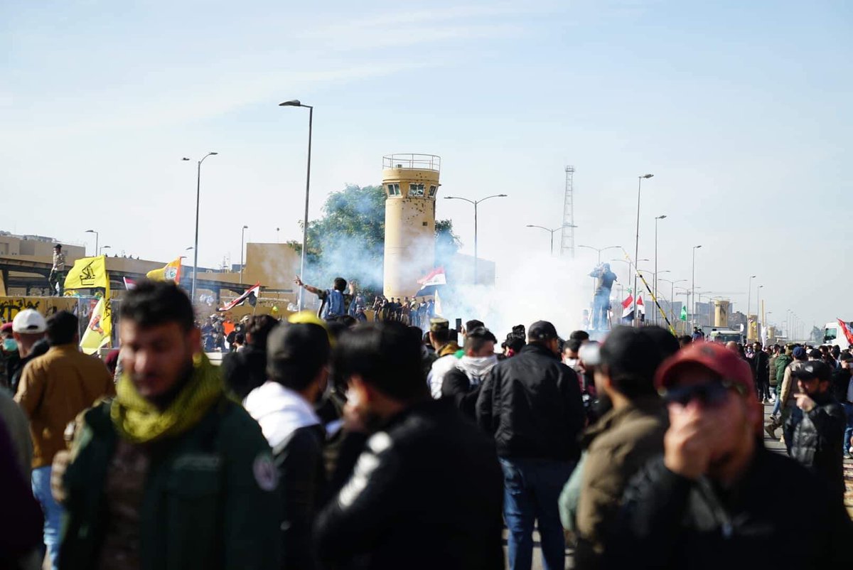 Protection of the American embassy launches tear gas in an attempt to disperse pro-Hezbollah demonstrators 