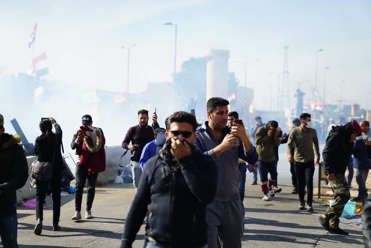 Protection of the American embassy launches tear gas in an attempt to disperse pro-Hezbollah demonstrators 