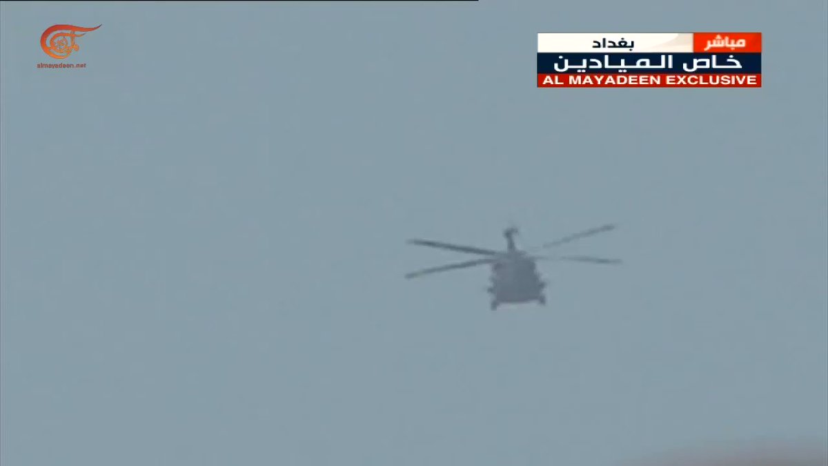 .@AlMayadeenNews is broadcasting what appears to be US Blackhawks and Apache attack helicopters currently flying over Baghdad near the US Embassy