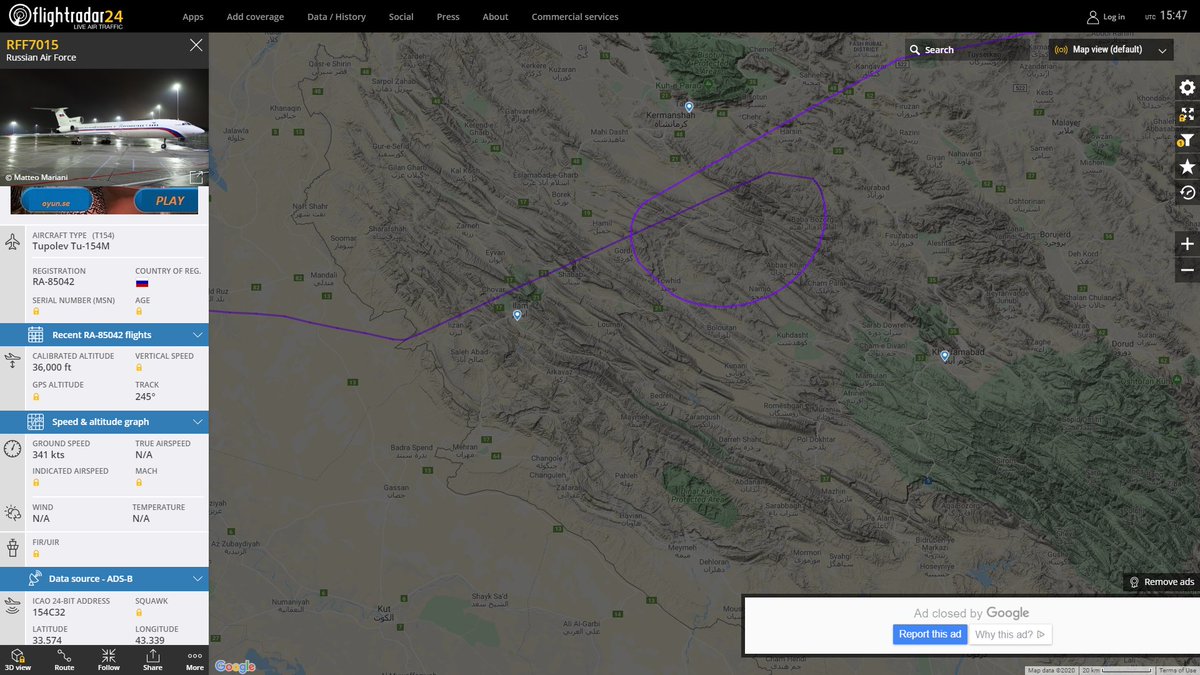 Russian Air Force Tupolev Tu-154M RFF7015 currently tracking over Iraq