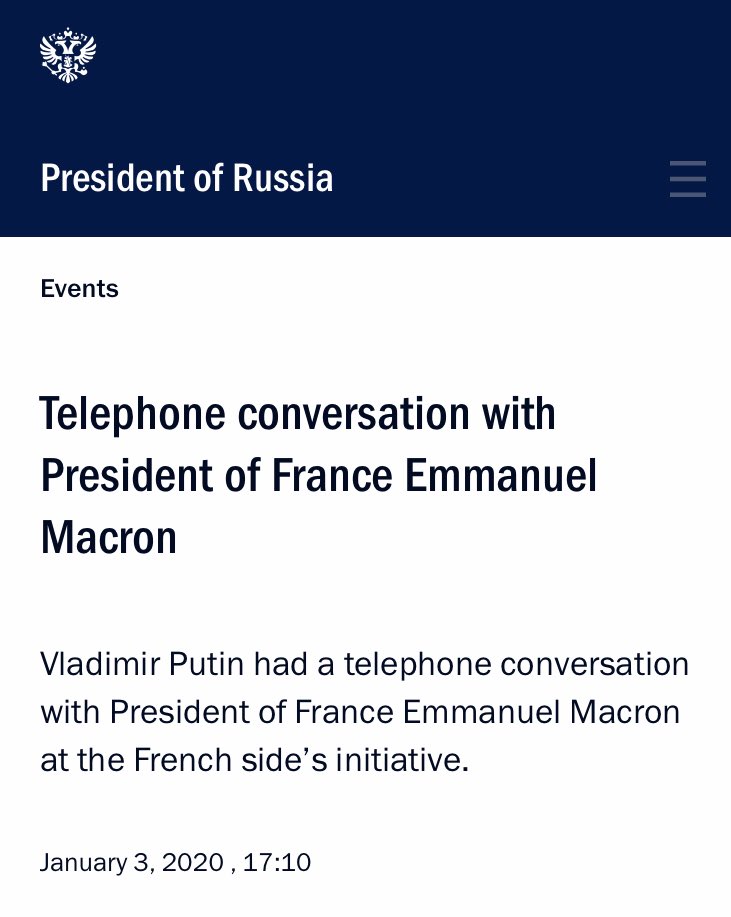 Contrary to Russia readout, Élysée's doesnt say Macron expressed concern over Soleimani death. French statement have carefully used neutral language about the Soleimani strike, said France is concerned about the escalation of recent months. brutal escalation in Iraq in recent weeks