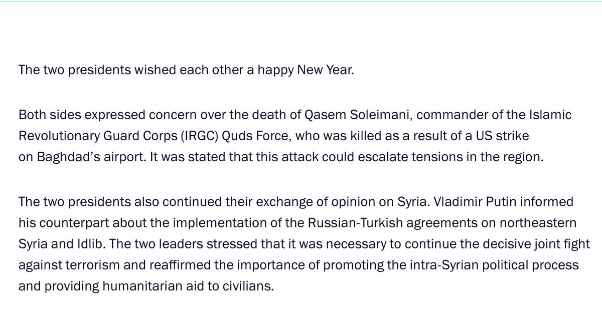 Contrary to Russia readout, Élysée's doesnt say Macron expressed concern over Soleimani death. French statement have carefully used neutral language about the Soleimani strike, said France is concerned about the escalation of recent months. brutal escalation in Iraq in recent weeks