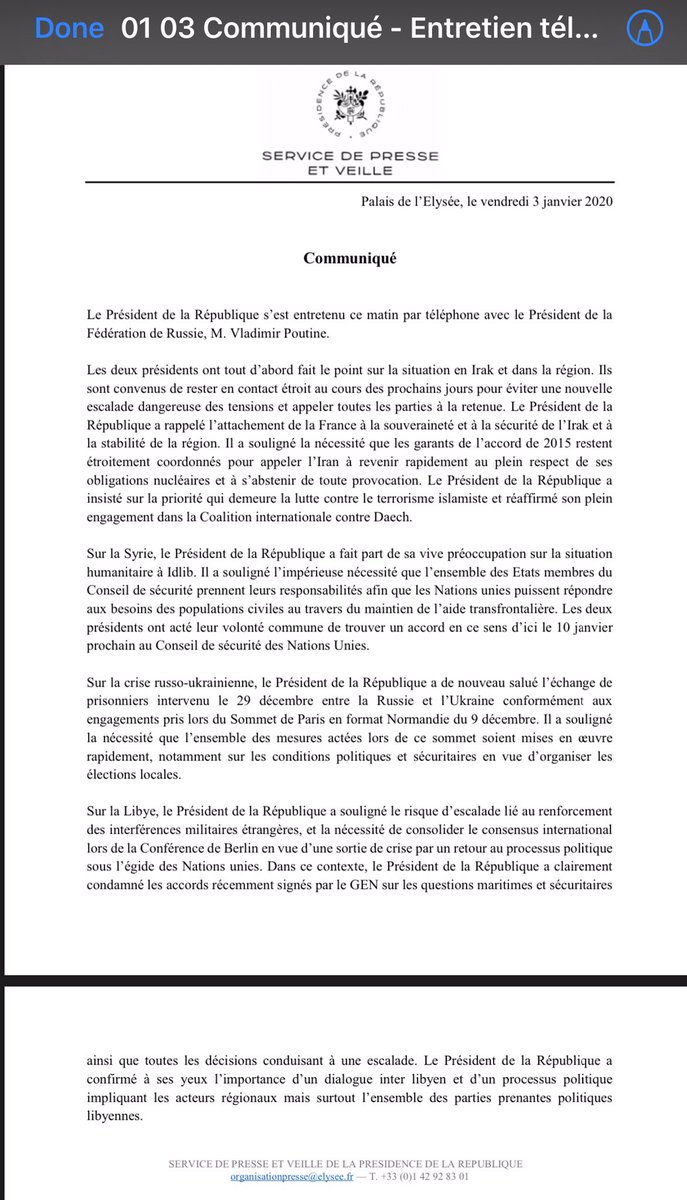 Contrary to Russia readout, Élysée's doesnt say Macron expressed concern over Soleimani death. French statement have carefully used neutral language about the Soleimani strike, said France is concerned about the escalation of recent months. brutal escalation in Iraq in recent weeks