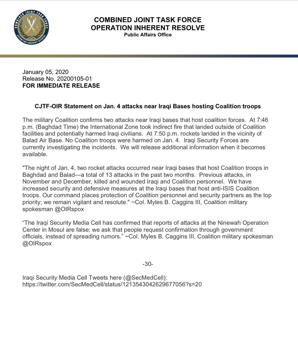 Coalition confirms two attacks near Iraqi bases that host coalition forces.  Added that No Coalition troops were harmed. Iraqi Security Forces are currently investigating the incidents