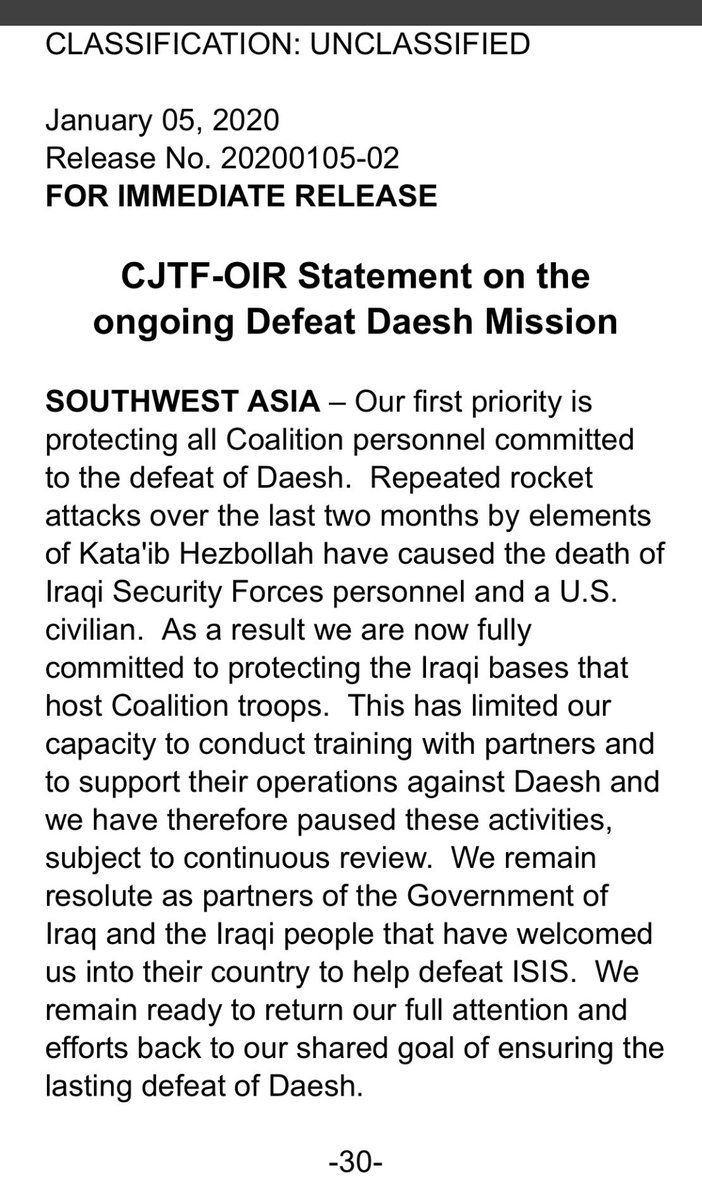 Coalition statement on suspension of training and counter-Daesh operation in Iraq