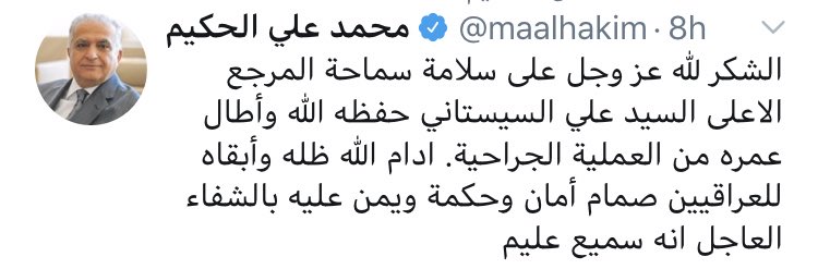 Iraqi FM @maalhakim wishing a speedy recovery for Ayatollah Sistani