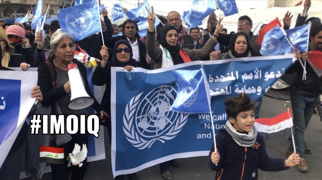 Today mothers & protesters gathered in Tahrir Square in Baghdad to call on @UNIraq to protect protesters from the armed groups, as there is some rumors among protesters that armed groups will start pushing protesters to leave the streets.  Photo: IMOIQ 