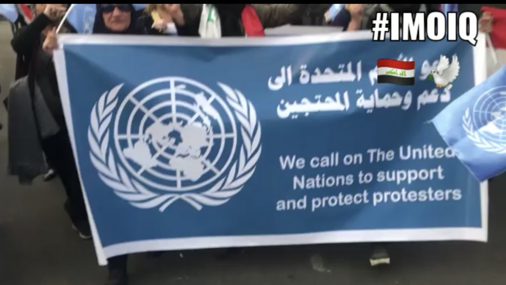 Today mothers & protesters gathered in Tahrir Square in Baghdad to call on @UNIraq to protect protesters from the armed groups, as there is some rumors among protesters that armed groups will start pushing protesters to leave the streets.  Photo: IMOIQ 