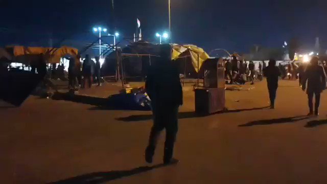 Basra demonstrators watched dozens of tents set up in the center of the sit-in, after they were burned last night by the security forces.