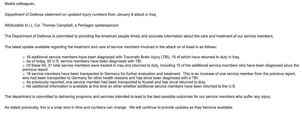 Here's the full DoD statement on the number of U.S. service members diagnosed with traumatic brain injuries