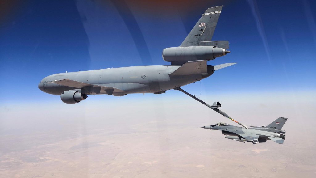 US-led coalition air-to-air refueling for Iraq Air Force F-16 fighter jet aircraft