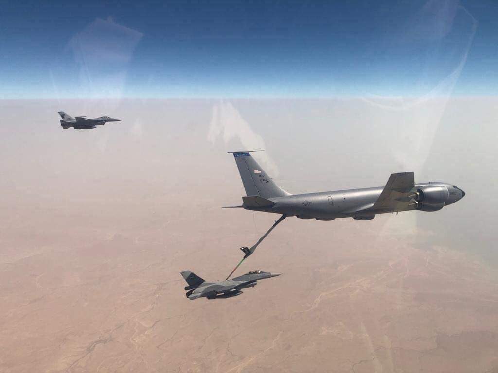 US-led coalition air-to-air refueling for Iraq Air Force F-16 fighter jet aircraft