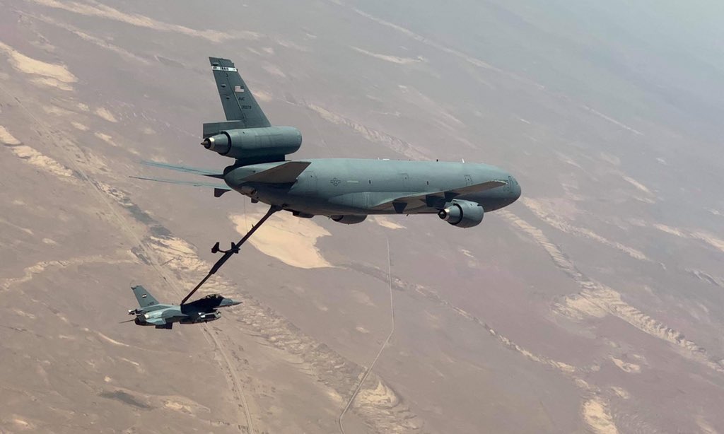 US-led coalition air-to-air refueling for Iraq Air Force F-16 fighter jet aircraft