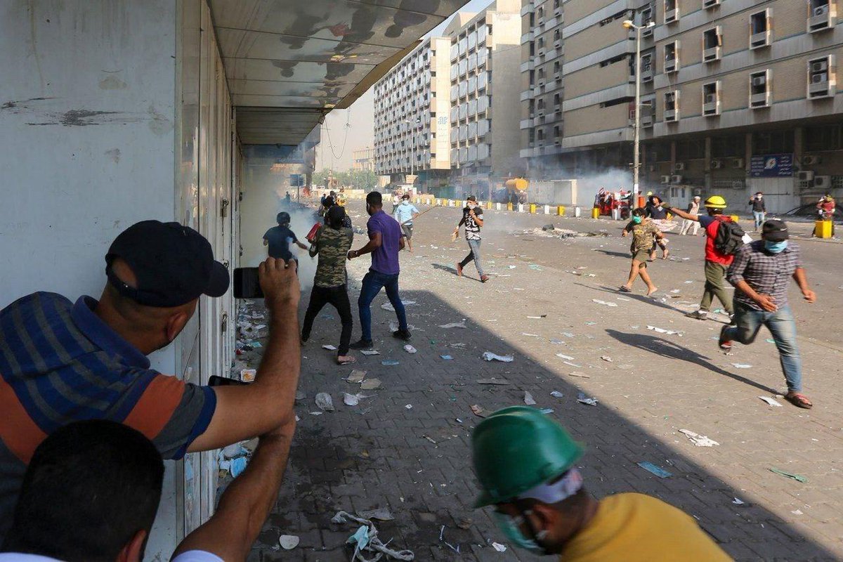 Security forces target demonstrators at Al-Khilani Square in the center of Baghdad.