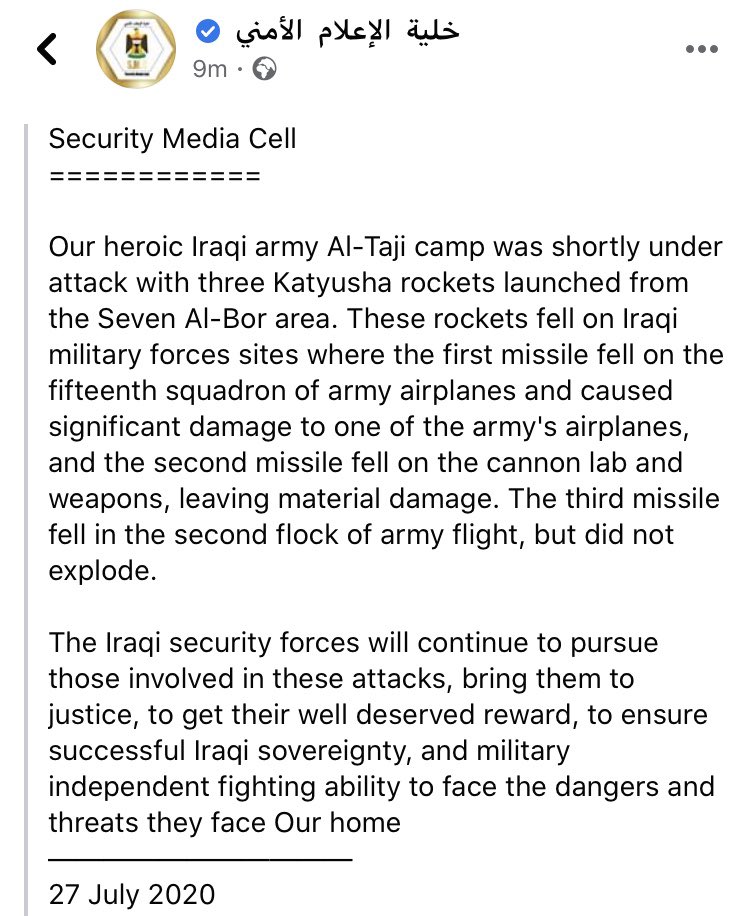 Coalition spox update on Taji incident: At 2103 hrs (Iraq time), July 27, three small Katyusha rockets impacted Taji base. This attack, on an Iraqi base, damaged an Iraqi Army helicopter used to fight ISIS. No @Coalition casualties or damage. ISF are investigating.
