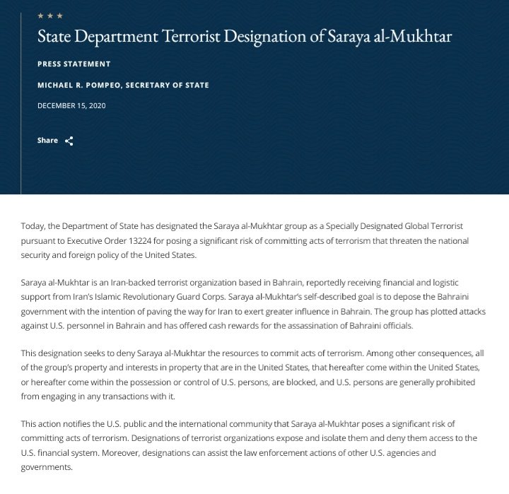U.S. @StateDept designates Iran-backed Bahrain-based Saraya al-Mukhtar as a terrorist organization.    Saraya al-Mukhtar is supported by IRGC