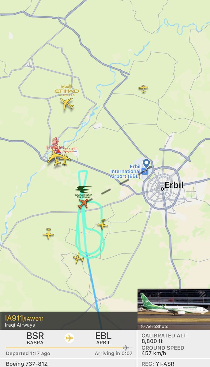 Iraqi Airways flight from Basra & a Royal Canadian Air Force C-130 appear to be in a holding pattern south of Erbil. Reasons unknown, been like this for 15-20mins