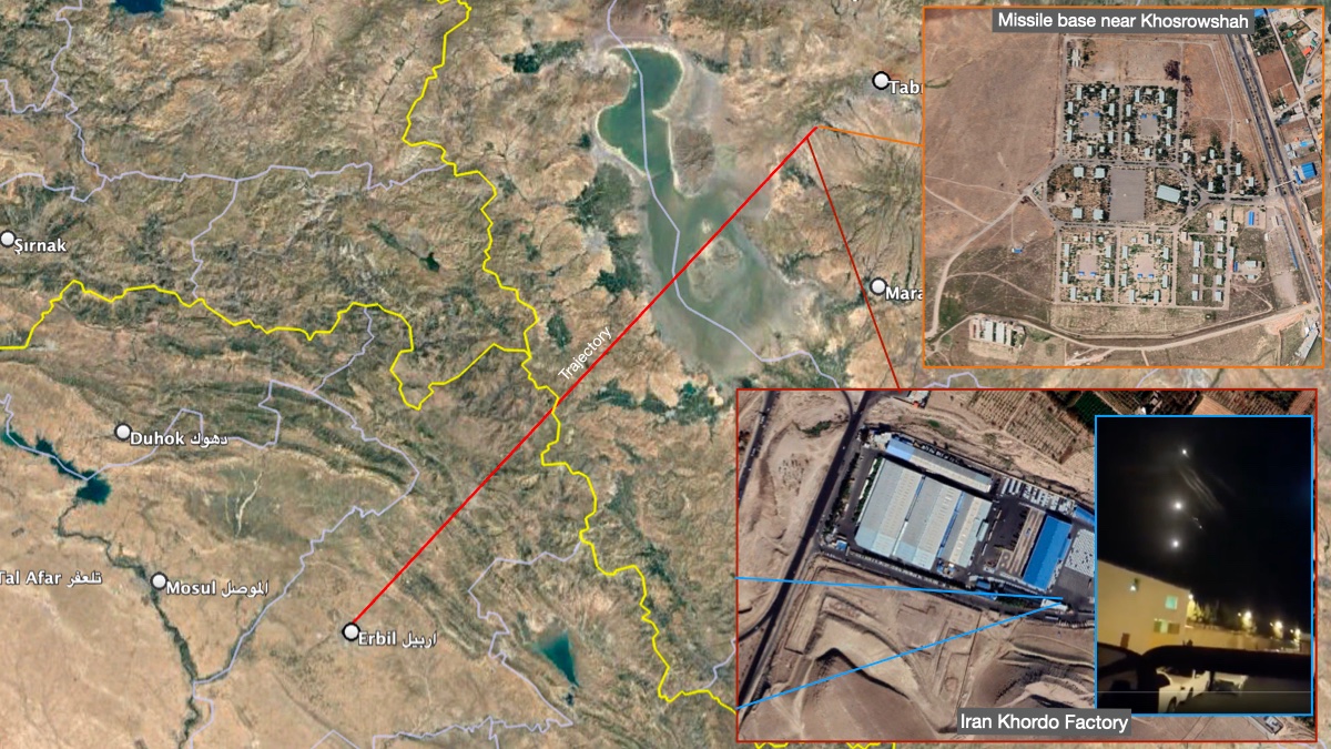 Video taken from Iran Khordo Factory @  37.9004°, 45.9462° Inferred launch from trajectory, IRGC base near Khosrowshah