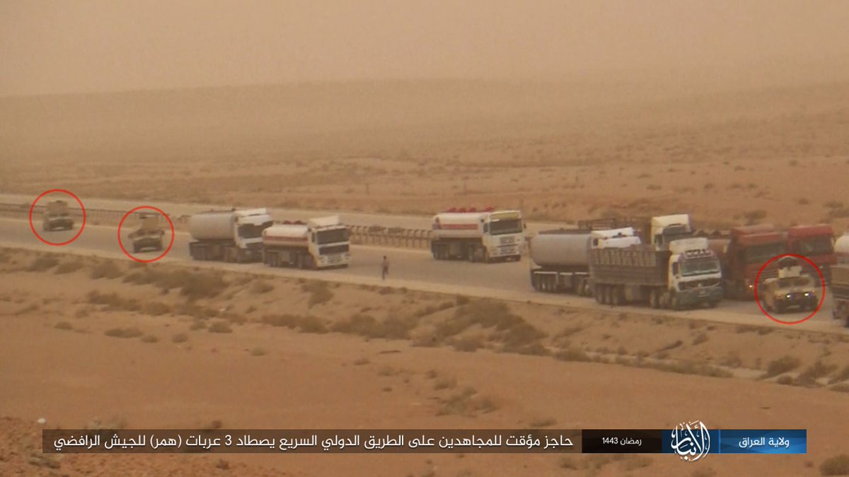 ISIS temporary checkpoint on a highway looking for Iraqi Army in Anbar, Iraq