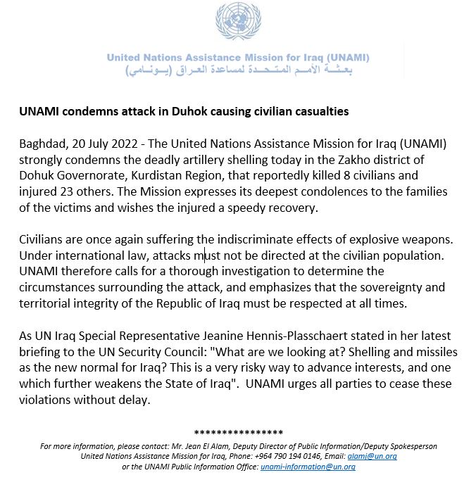UNAMI condemns attack in Duhok causing civilian casualties