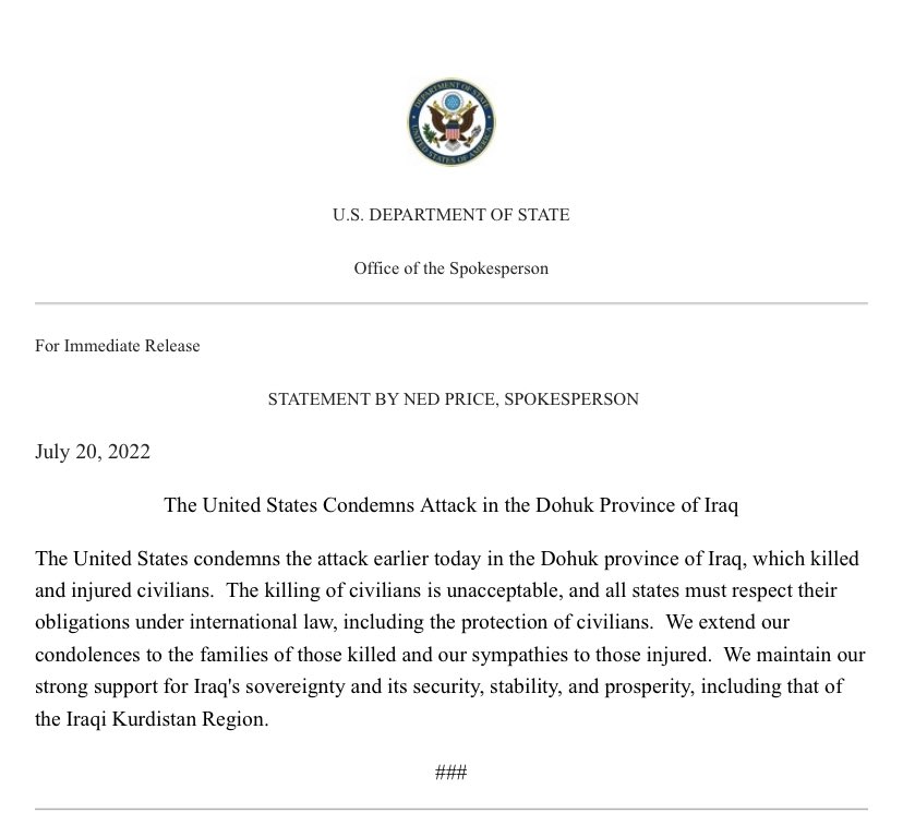 US condemns the attack earlier today in the Dohuk province of Iraq, which killed and injured civilians, says @StateDeptSpox in a statement